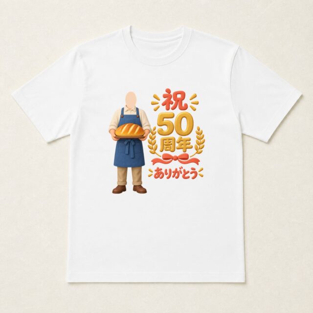 顔写真でつくる店舗50周年Tシャツ「五十年の、焼きたての感謝」