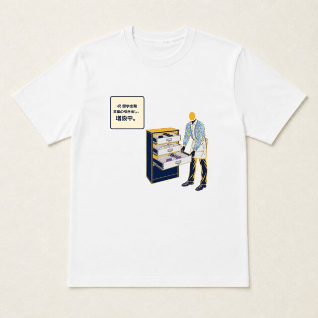 顔写真でつくる留学出発祝いTシャツ「言葉の引き出し、増設中。」
