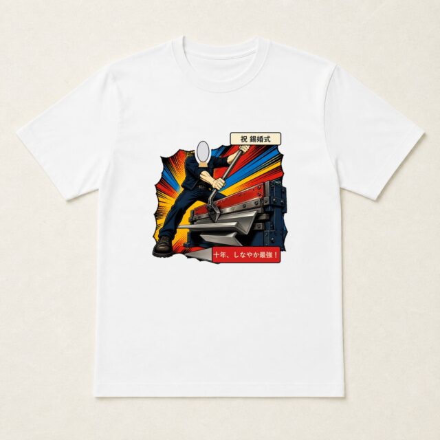 顔写真でつくる結婚10周年・錫婚式Tシャツ「十年、しなやか最強!」