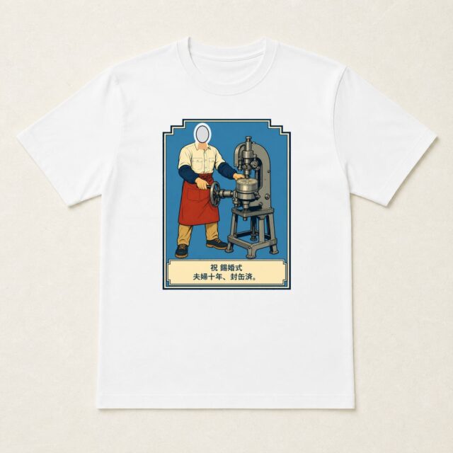 顔写真でつくる結婚10周年・錫婚式Tシャツ「夫婦十年、封缶済。」