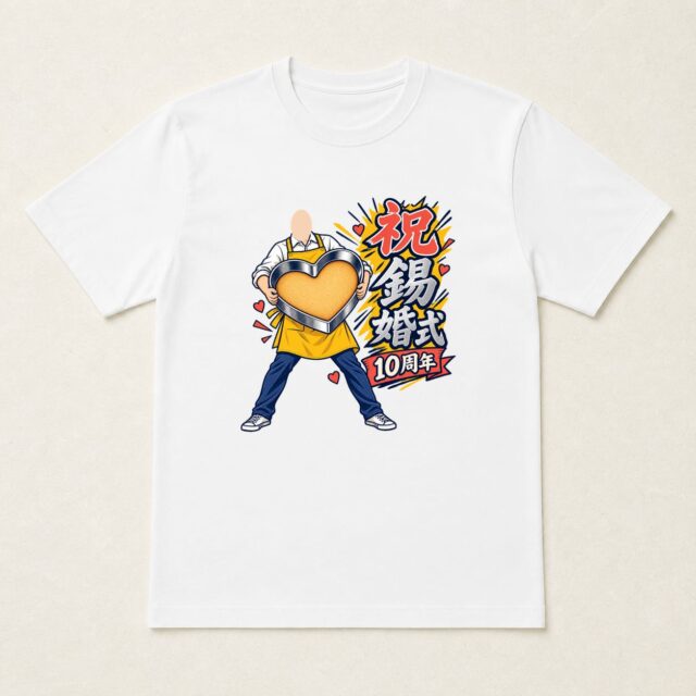 顔写真でつくる結婚10周年・錫婚式Tシャツ「愛情、型にはまりません」