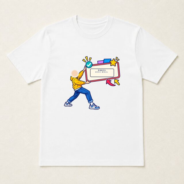 顔写真でつくる来店1万人達成記念Tシャツ「ありがとう、貼りました。」