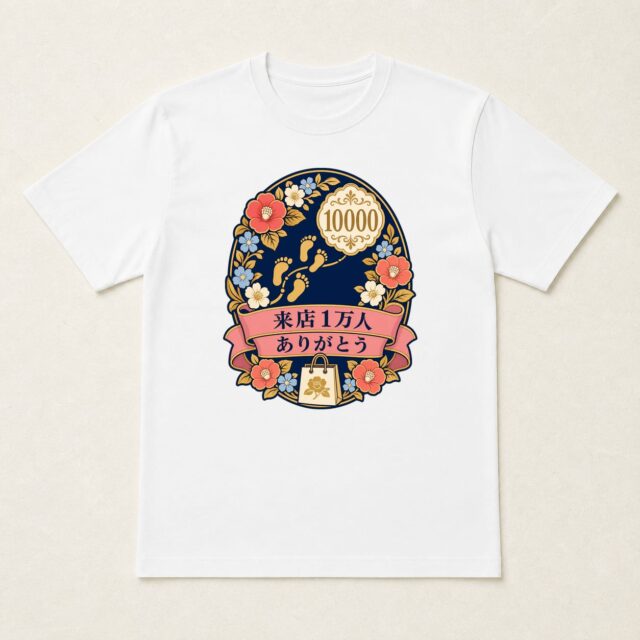来店1万人達成記念Tシャツ「一万人を迎えた花の足あと」