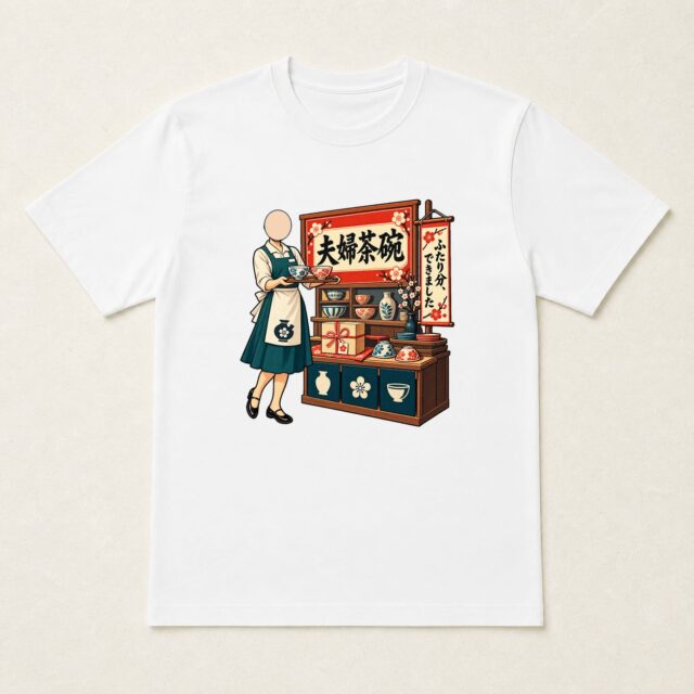 顔写真でつくる結婚祝いTシャツ「夫婦茶碗の店先」