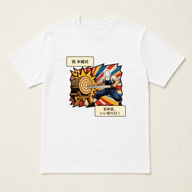 顔写真でつくる結婚5周年・木婚式Tシャツ「五年目、いい切り口!」