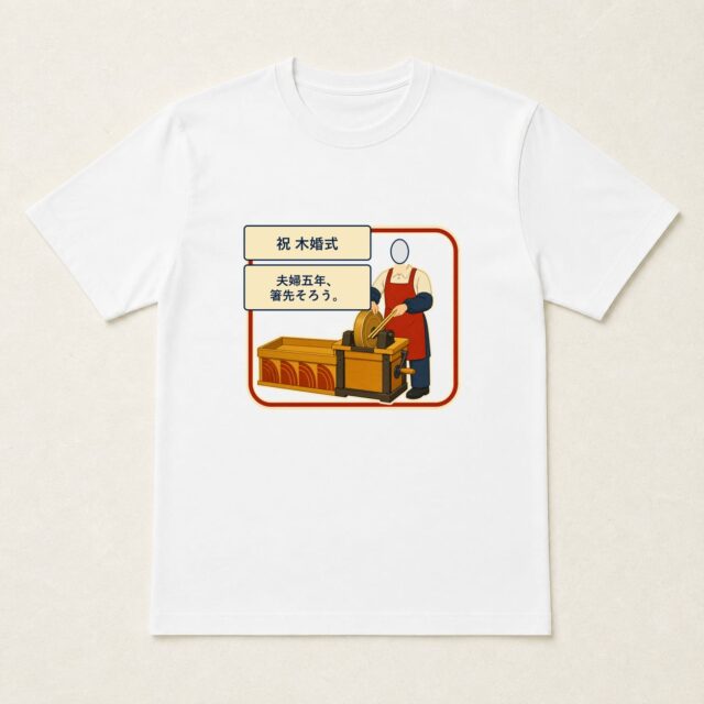 顔写真でつくる結婚5周年・木婚式Tシャツ「夫婦五年、箸先そろう。」
