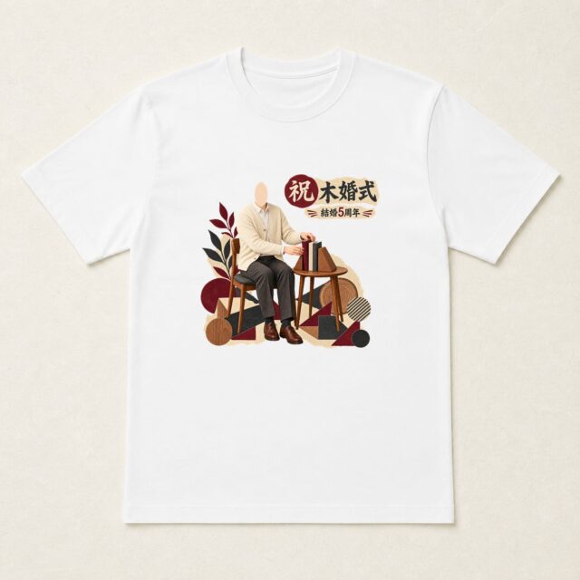 顔写真でつくる結婚5周年・木婚式Tシャツ「ふたりの本棚に」